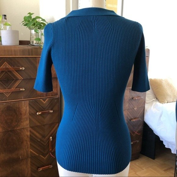 Margaret O’Leary Blue Green Collared Knit Top, Medium - Picture 2 of 6